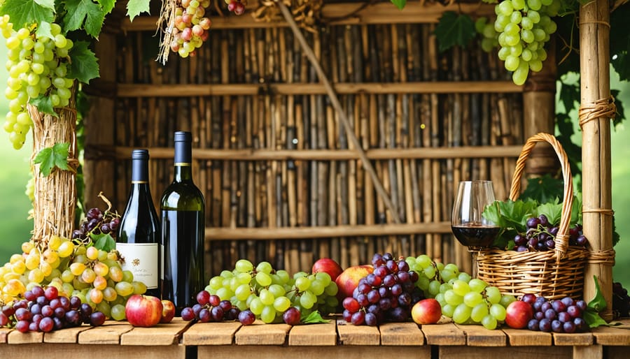 Traditional Sukkah decorated with autumn harvest fruits and ceremonial wine glasses