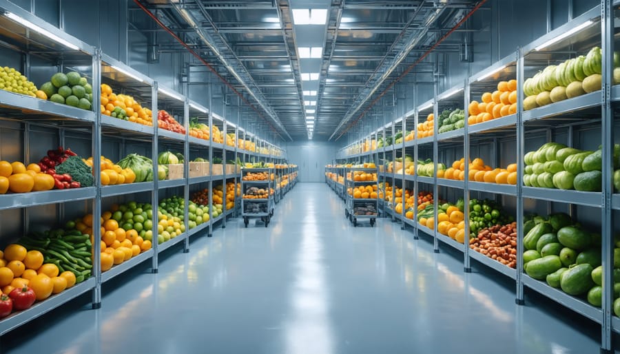 Eco-friendly food storage system in a cargo ship's kitchen featuring energy-efficient refrigeration