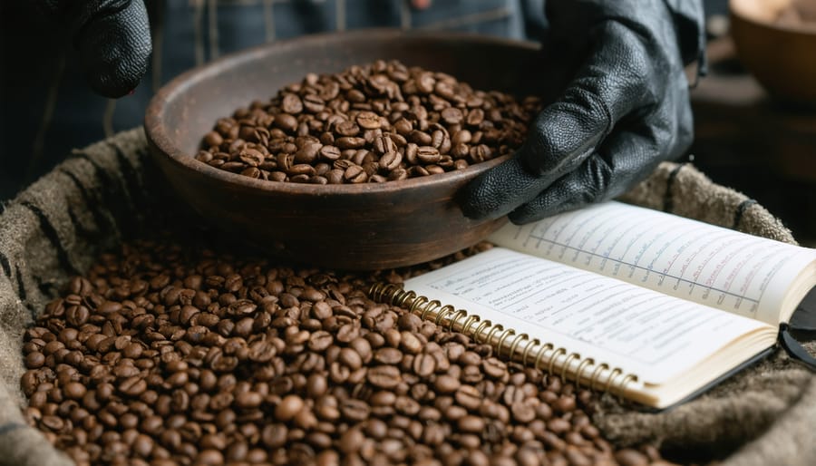 Professional coffee roaster inspecting ethically sourced beans in a Toronto roasting facility