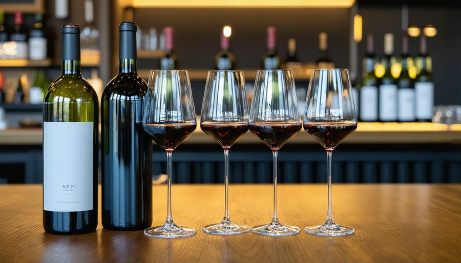 Personal wine bottles being presented at upscale restaurant table with sommelier service