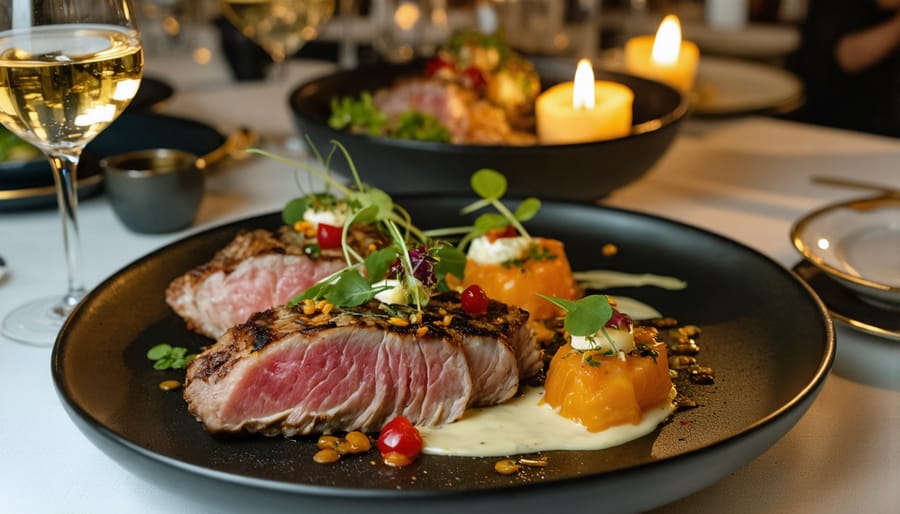 Overhead view of elegantly plated prix fixe dinner course with wine pairing on white tablecloth