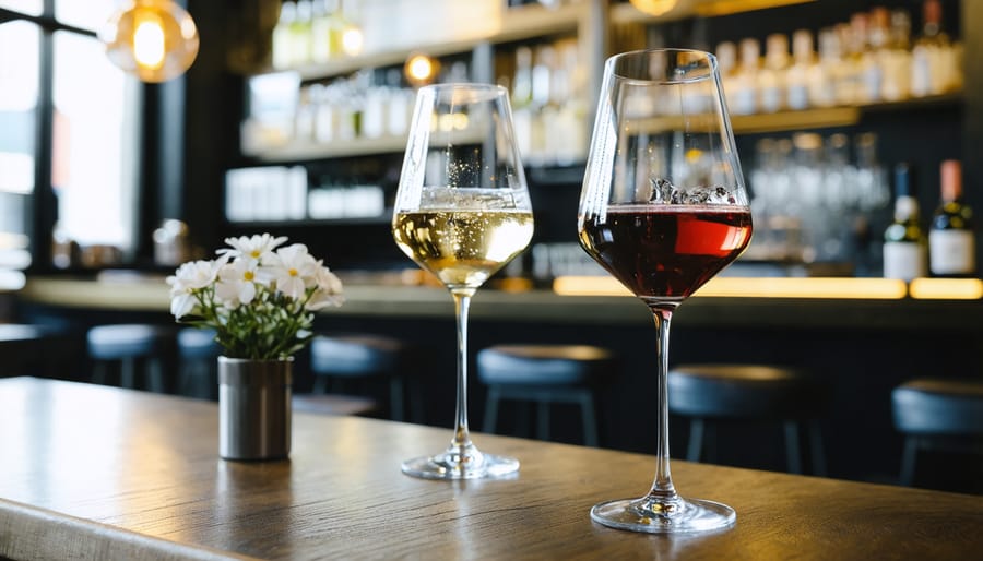 Elegant wine glasses on upscale restaurant bar with warm natural lighting during happy hour