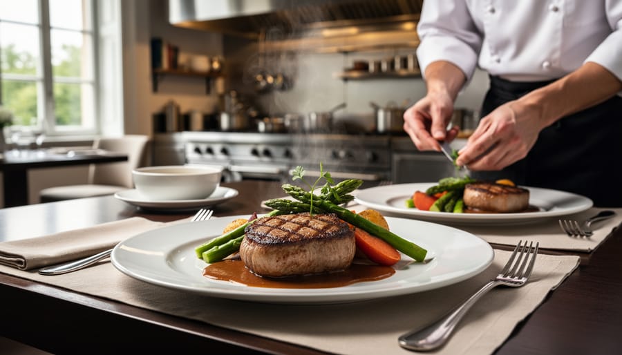 Chef plating gourmet dish with precision using tweezers in professional kitchen