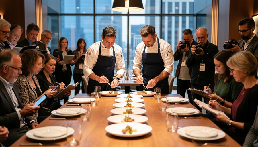 Chef's table tasting event with guests observing culinary preparation in intimate setting