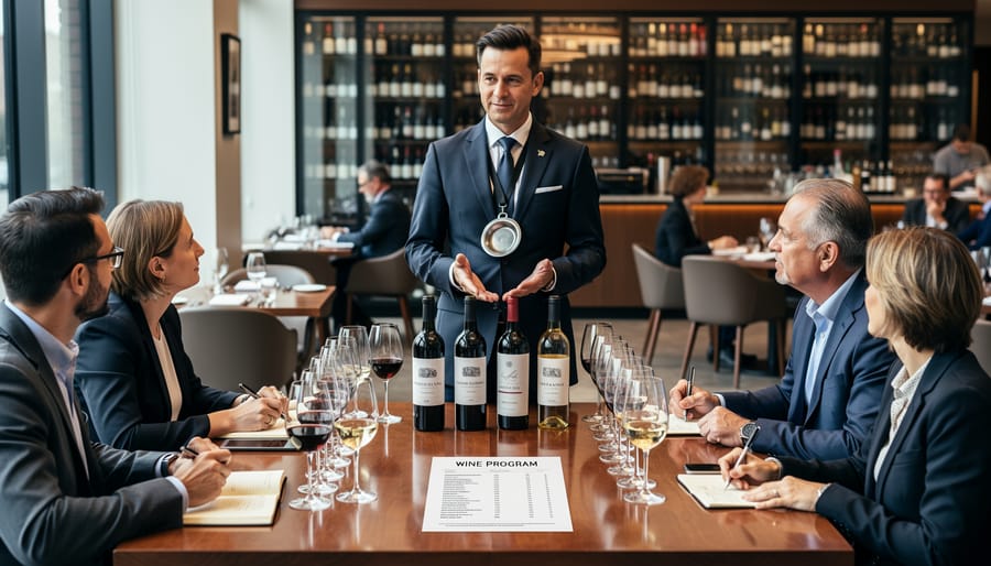Sommelier presenting wine bottle to guests in upscale restaurant setting