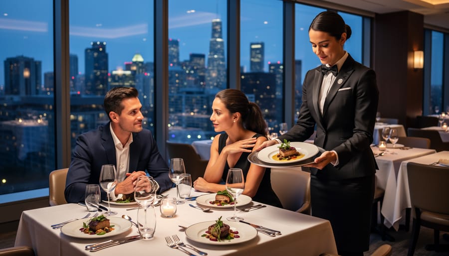 Upscale Toronto restaurant interior with elegant table settings and ambient lighting