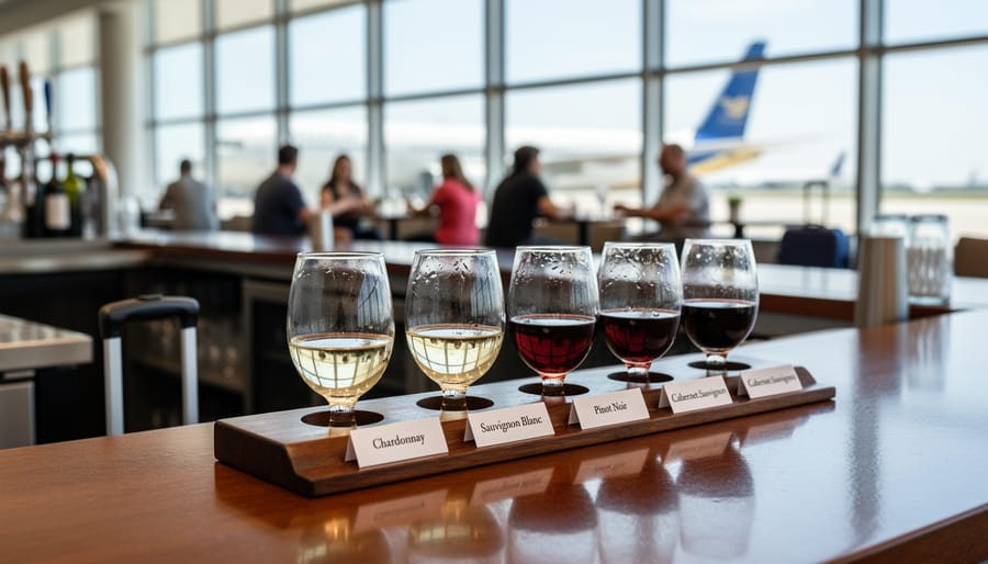 Wine flight with four different wine varieties on wooden tasting board
