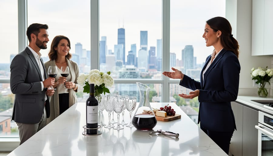 Wine glasses arranged on modern kitchen island with natural light in contemporary home interior