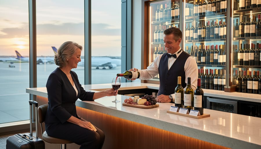 Glass of red wine at upscale airport restaurant bar