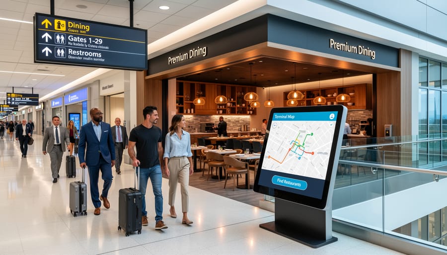 Modern Orlando airport terminal interior with dining areas and travelers