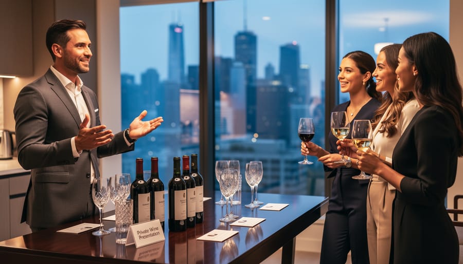 Elegant wine service display in modern Toronto home interior with city skyline views