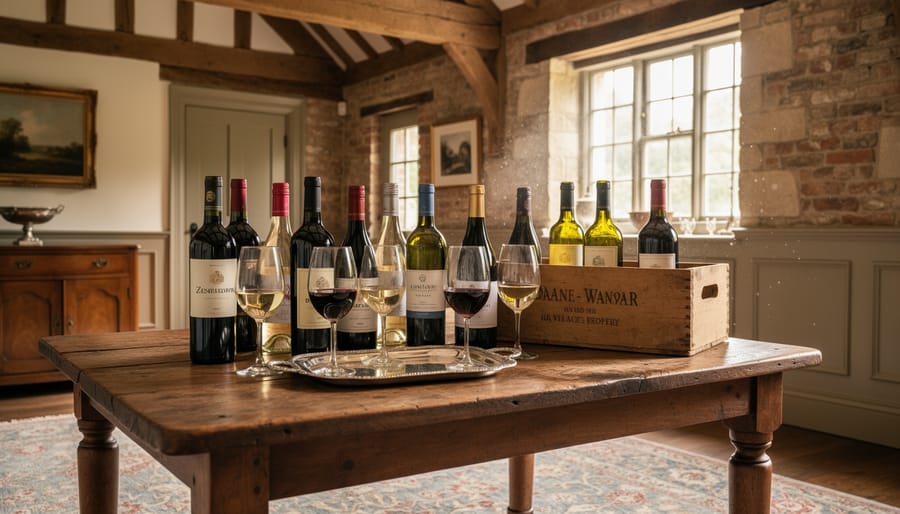 Wine being poured into crystal glass on rustic wooden surface with brick wall background