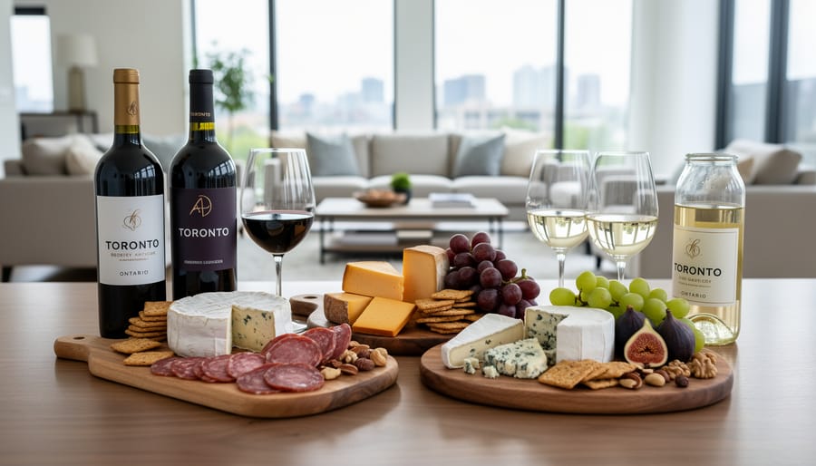 Overhead view of artisan cheese and charcuterie board with wine glasses on marble surface
