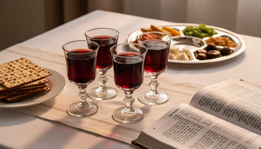 Four glasses of red kosher wine arranged on Passover Seder table