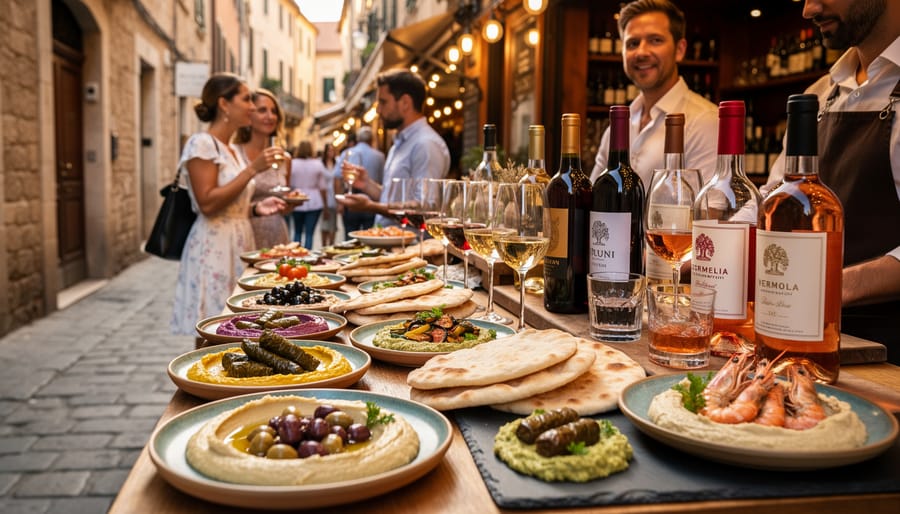 Grilled Mediterranean skewers with halloumi paired with red and white wine on slate plate