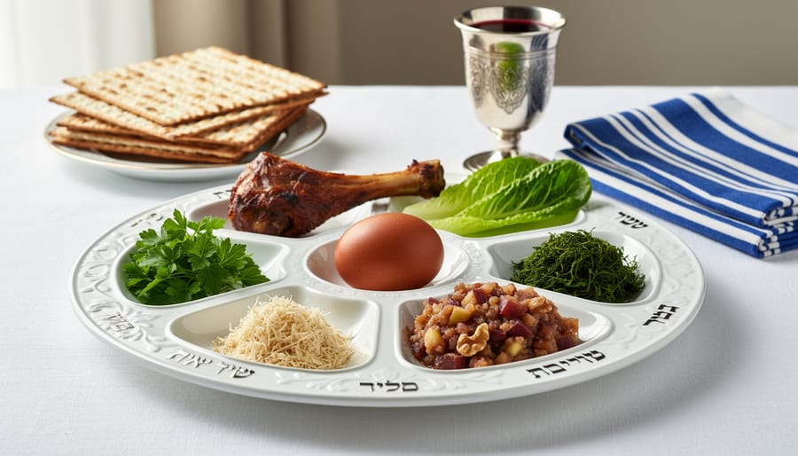 Overhead view of complete Passover Seder plate with six ceremonial foods on silver platter