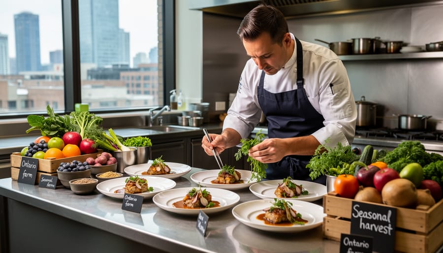 Fresh seasonal Ontario ingredients including heirloom vegetables and wild mushrooms arranged on slate