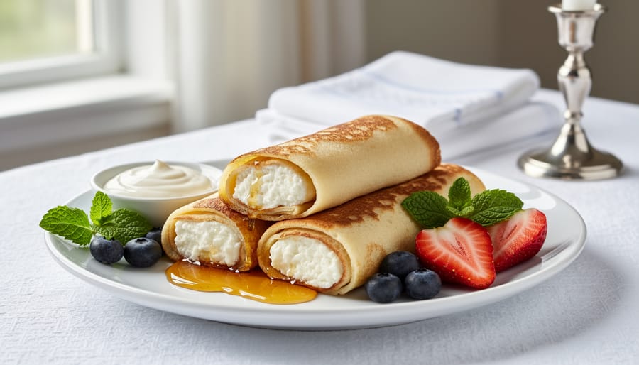 Plated gourmet cheese blintzes with berry sauce for Shavuot celebration