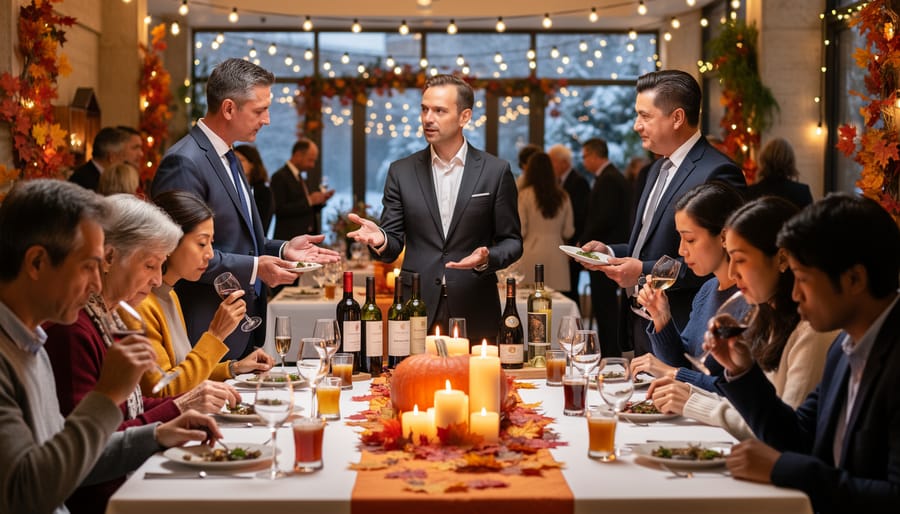 Sommelier examining wine at intimate winter cultural food event