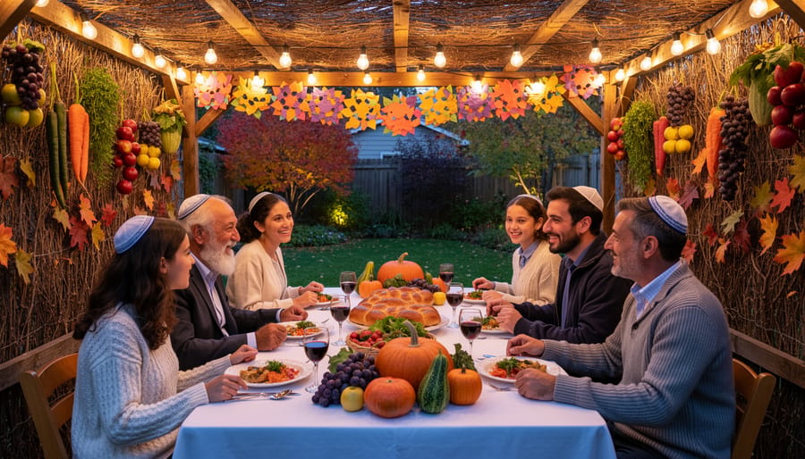 Interior view of decorated sukkah with harvest feast table setting and natural roof