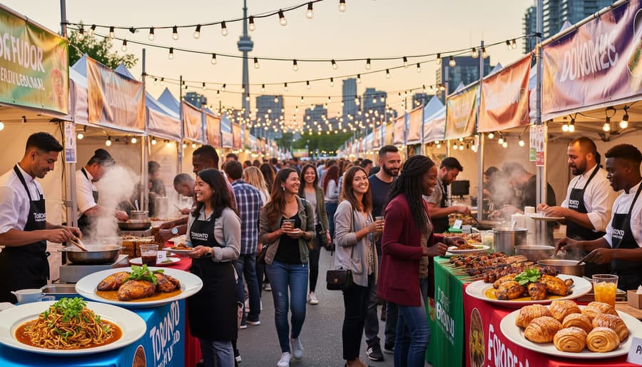 Diverse crowd enjoying food and wine at multicultural outdoor festival in Toronto
