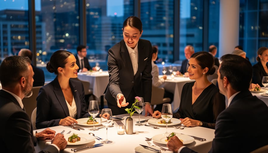 Elegant fine dining restaurant interior with sophisticated table settings and ambient lighting