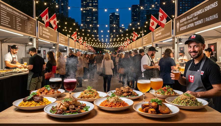 Crowded Toronto night market with food vendors and diners enjoying pairing experiences under string lights