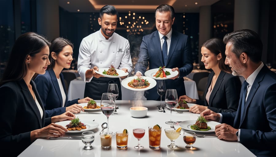 Overhead view of VIP cultural food tasting with multiple dishes and wine flight