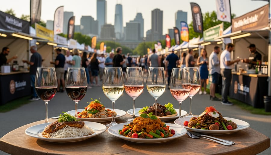 Wine being poured alongside Asian cuisine at cultural food event