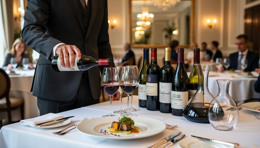 Sommelier pouring burgundy wine into crystal glass at fine dining table setting
