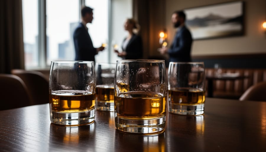 Amber whiskey in three glasses on a dark oak table with warm reflections in an upscale setting