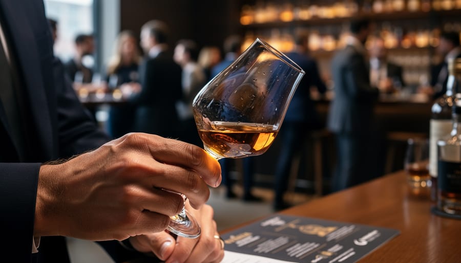 Person holding a Glencairn whiskey glass while preparing to nose the spirit