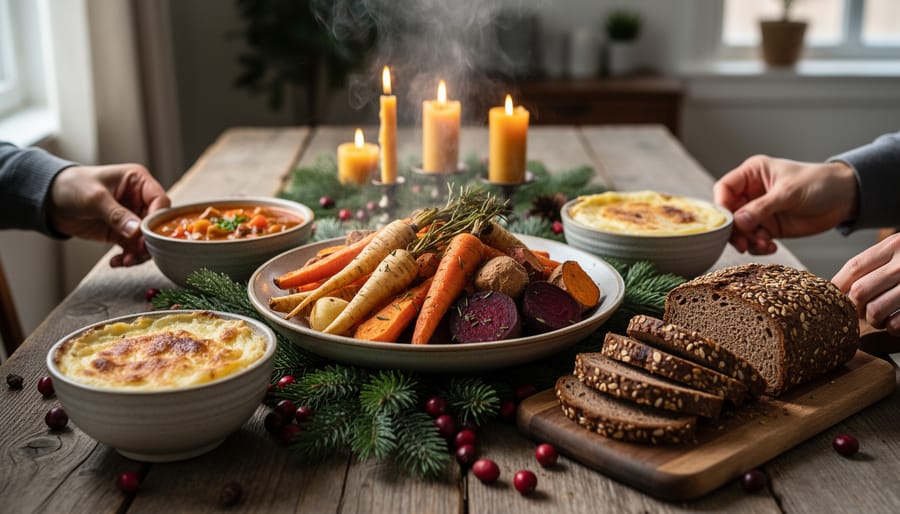 A winter solstice dinner table in warm candlelight featuring a steaming lamb hotpot and bowls of tang yuan.