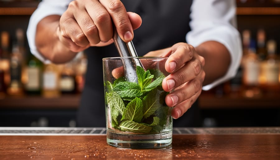 Bartender’s hands muddling mint leaves in a highball glass for a mojito