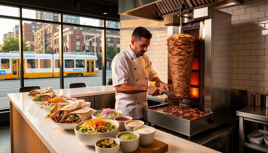 Chef preparing shawarma at an upscale restaurant counter with shaved meat and spices