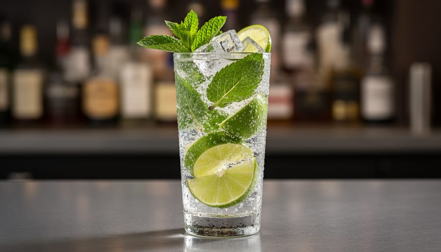 Close-up of a classic mojito in a highball glass with mint and lime garnish on a bar counter