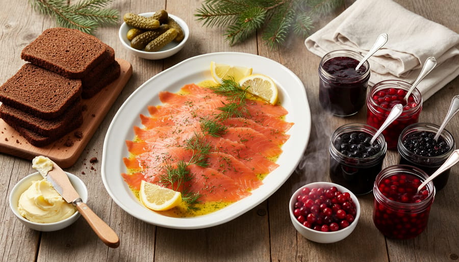 Close-up of a Scandinavian julbord spread with gravlax, rye bread, pickled beets, and lingonberry preserves.