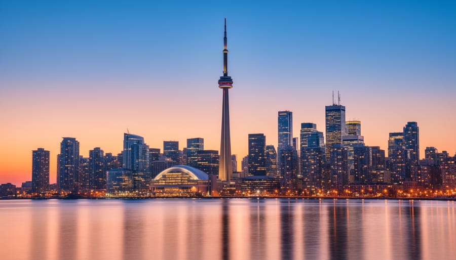 CN Tower at dusk with Toronto skyline lights in the background