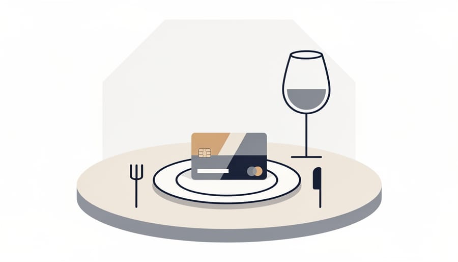 Credit card placed on a fine dining table beside a menu folder