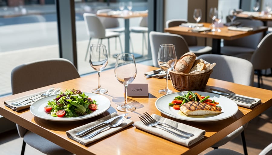 Elegant lunch table set near windows with a plated starter and sparkling water