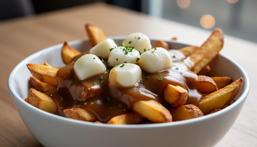 Gourmet poutine with fries, cheese curds, and glossy gravy topped with truffle