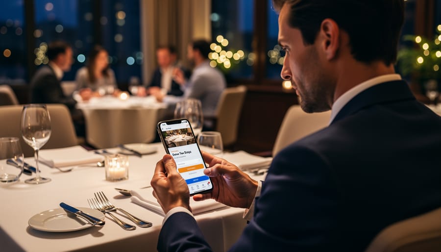 Guest holding a smartphone while seated at a restaurant table with warm candlelight in the background