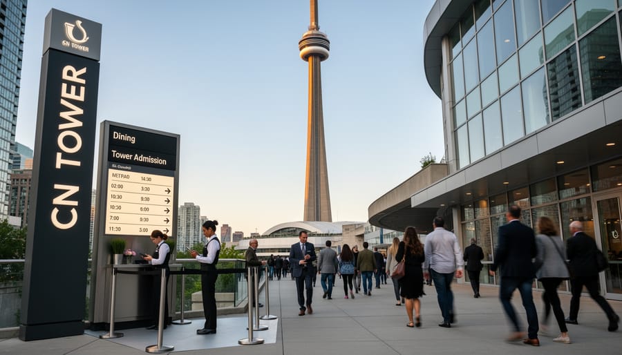 Guests holding tickets while looking up at the CN Tower from street level