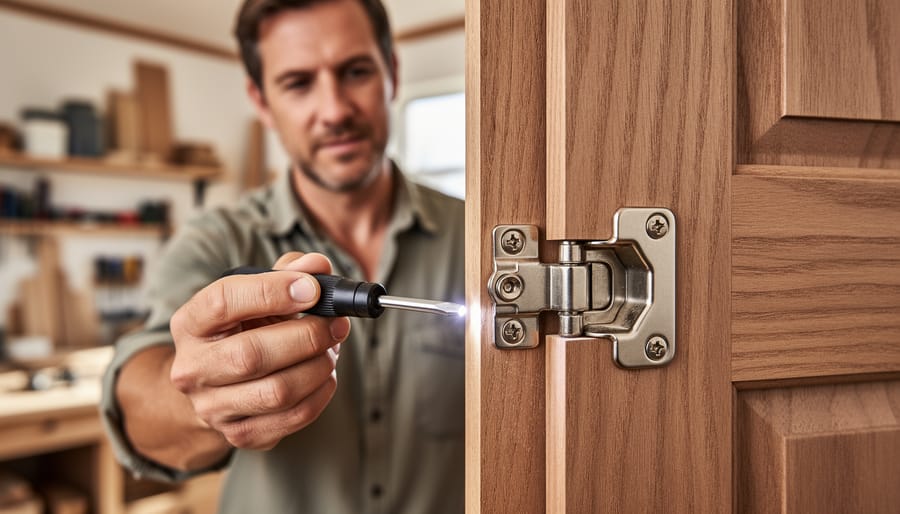 Hands inspecting a wine bar cabinet hinge and worn wooden finish