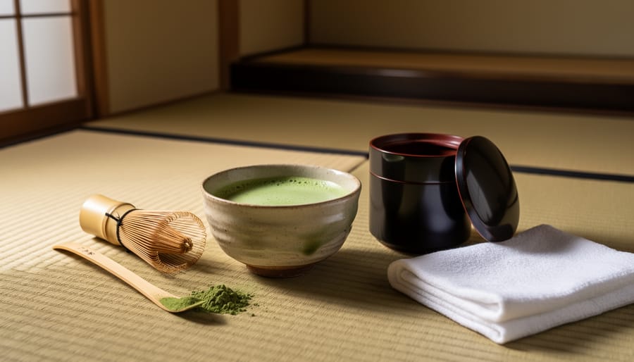 Hands preparing matcha with traditional Japanese tea ceremony tools on a tatami mat.