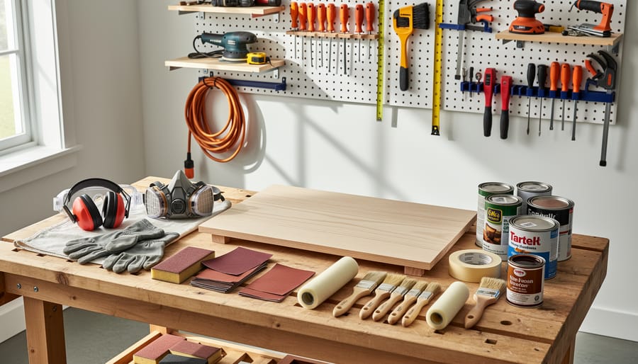 Organized refinishing tools and protective gear next to an open wine bar cabinet in a workshop