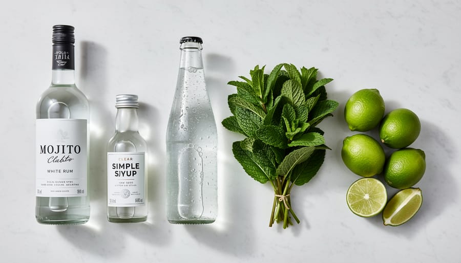 Overhead view of mojito ingredients including white rum, fresh mint, limes, simple syrup, and club soda