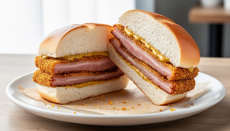 Peameal bacon sandwich plated on a wooden board with mustard and sauce