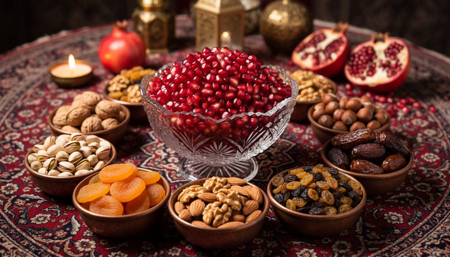 Persian shab-e yalda fruit arrangement featuring pomegranates with arils, nuts, and dried fruits.