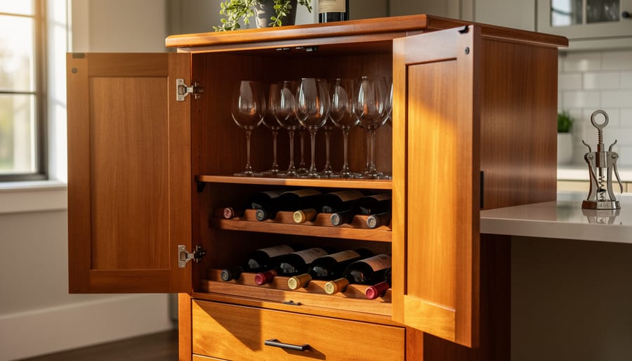 Refinished wine bar cabinet with a glossy wood finish and glass shelves holding wine bottles
